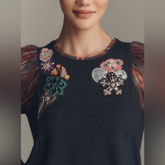 Anthropologie Maeve Long-Sleeve Embellished Plaid Top. M. - Picture 3 of 10